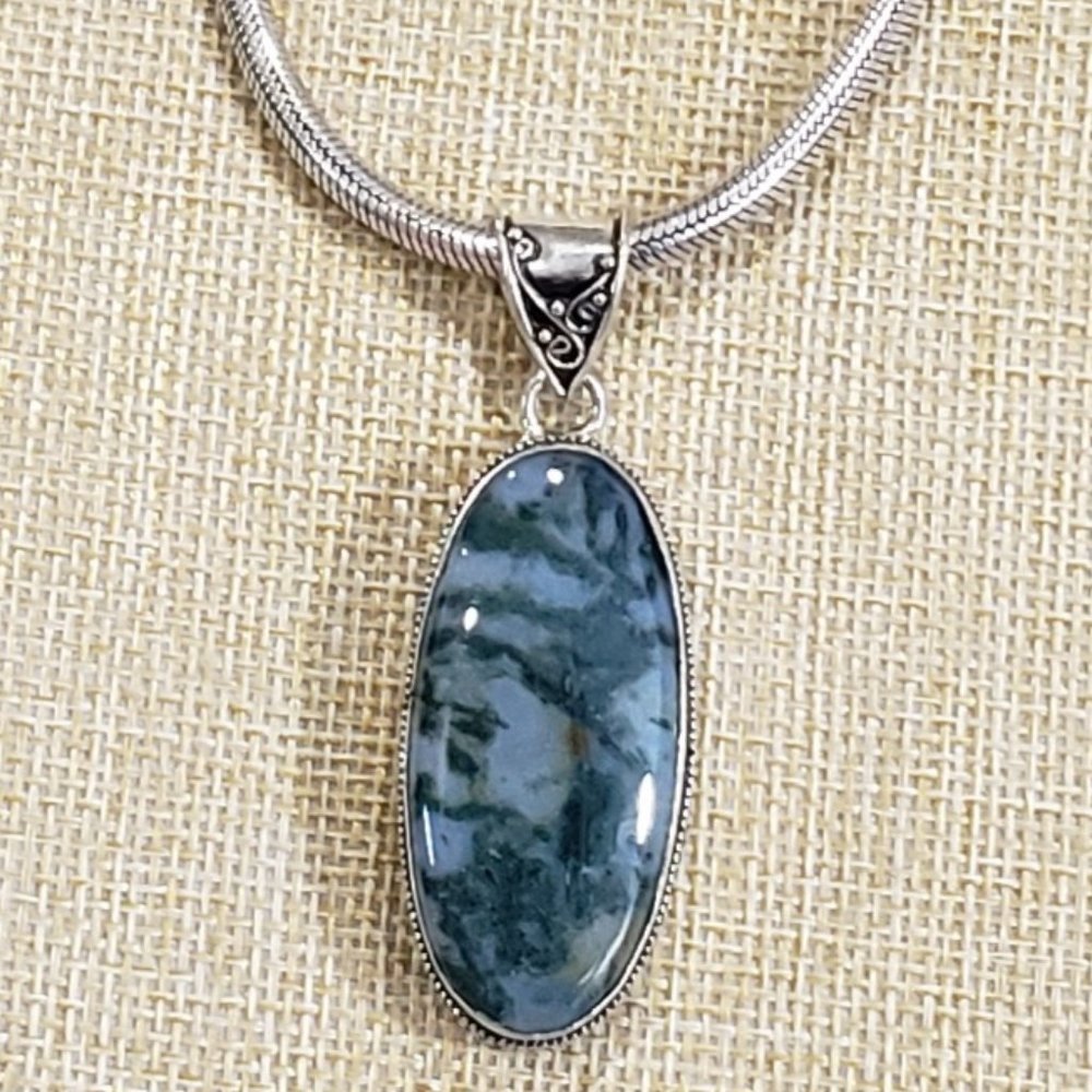 Natural Moss Agate Gem 925 Silver Handmade Thick Heavy Long Pendant Necklace